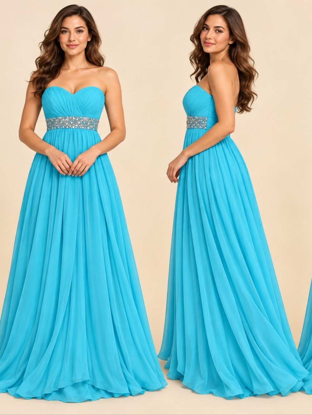 Calvin Klein Aqua Strapless Chiffon Gown with Jeweled Waist